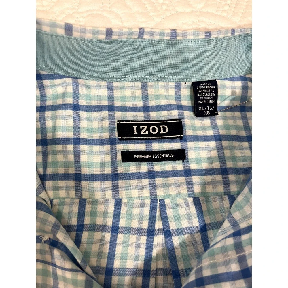 IZOD Premium Essentials Button Down‎ Shirt Men's XL Light Blue Plaid Preppy